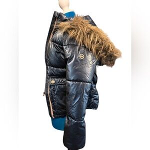 Michael Kors Blue puffer jacket faux Fur Hood Blue MK winter Coat Sz 10/12 girls